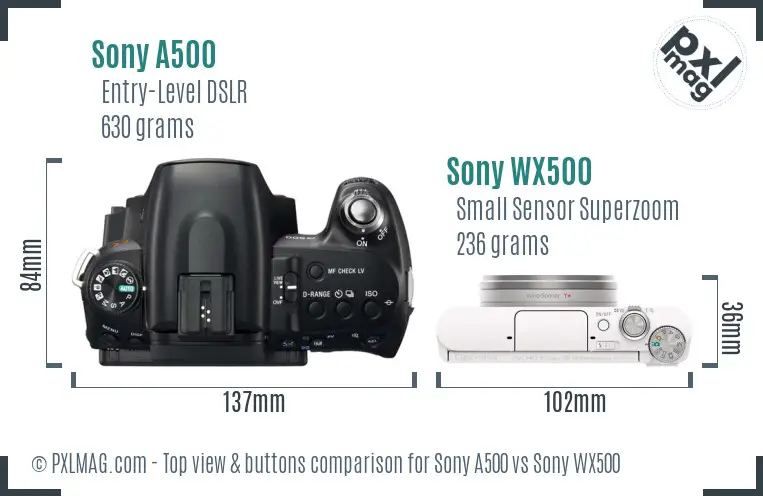 Sony A500 vs Sony WX500 top view buttons comparison