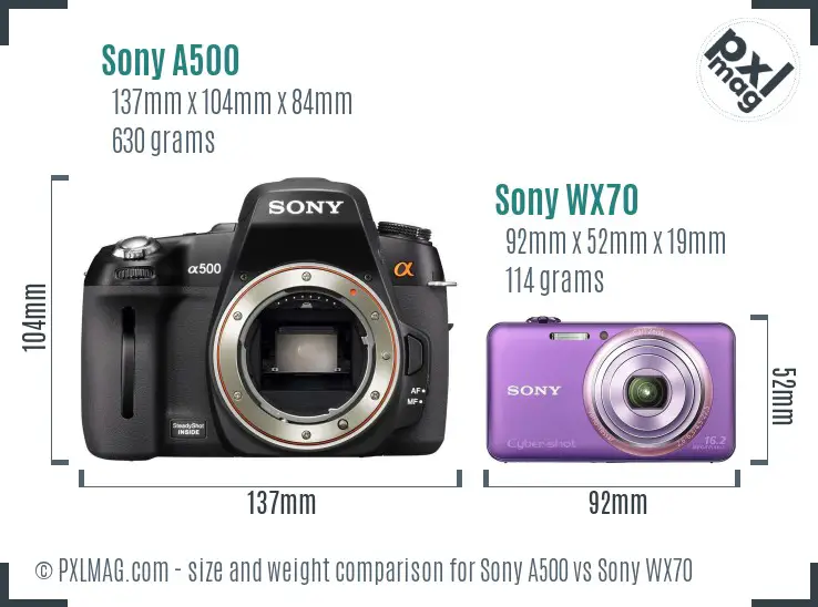 Sony A500 vs Sony WX70 size comparison