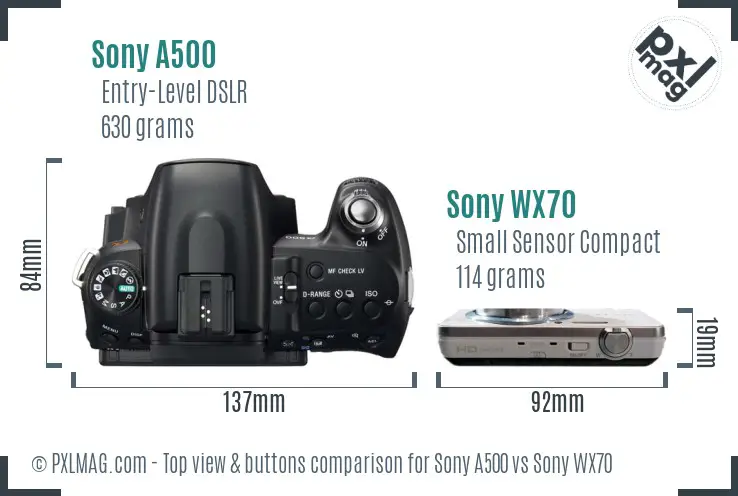 Sony A500 vs Sony WX70 top view buttons comparison