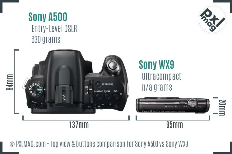 Sony A500 vs Sony WX9 top view buttons comparison