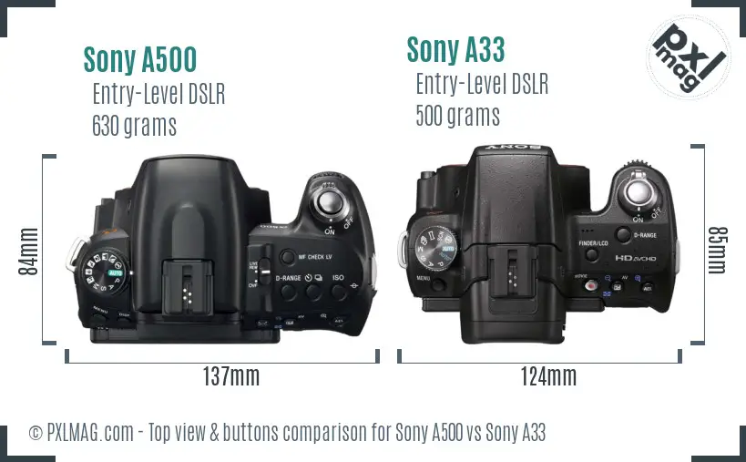 Sony A500 vs Sony A33 top view buttons comparison
