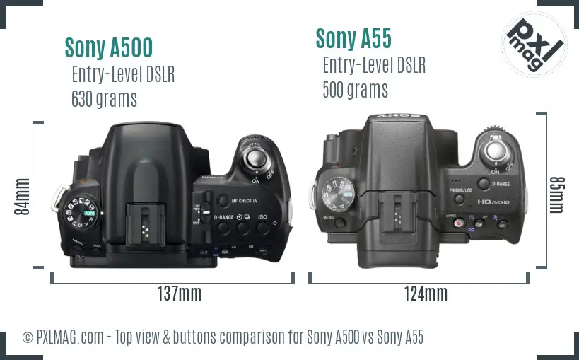 Sony A500 vs Sony A55 top view buttons comparison
