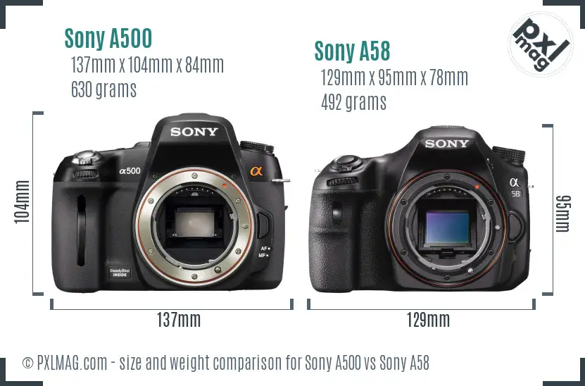 Sony A500 vs Sony A58 size comparison