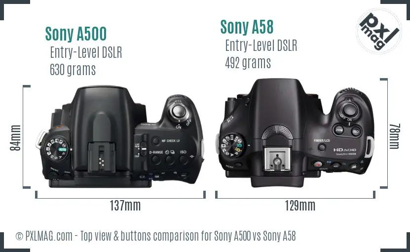 Sony A500 vs Sony A58 top view buttons comparison