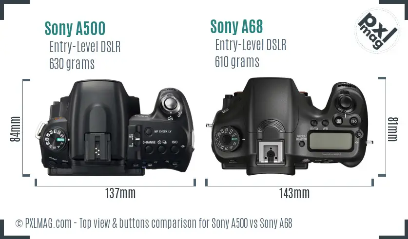 Sony A500 vs Sony A68 top view buttons comparison