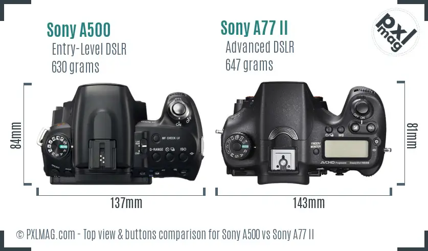 Sony A500 vs Sony A77 II top view buttons comparison