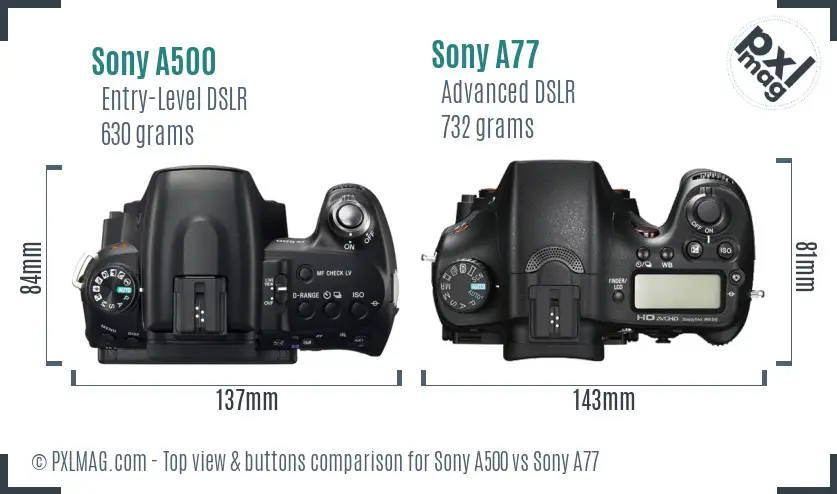 Sony A500 vs Sony A77 top view buttons comparison