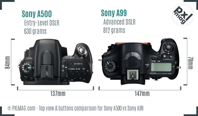 Sony A500 vs Sony A99 top view buttons comparison