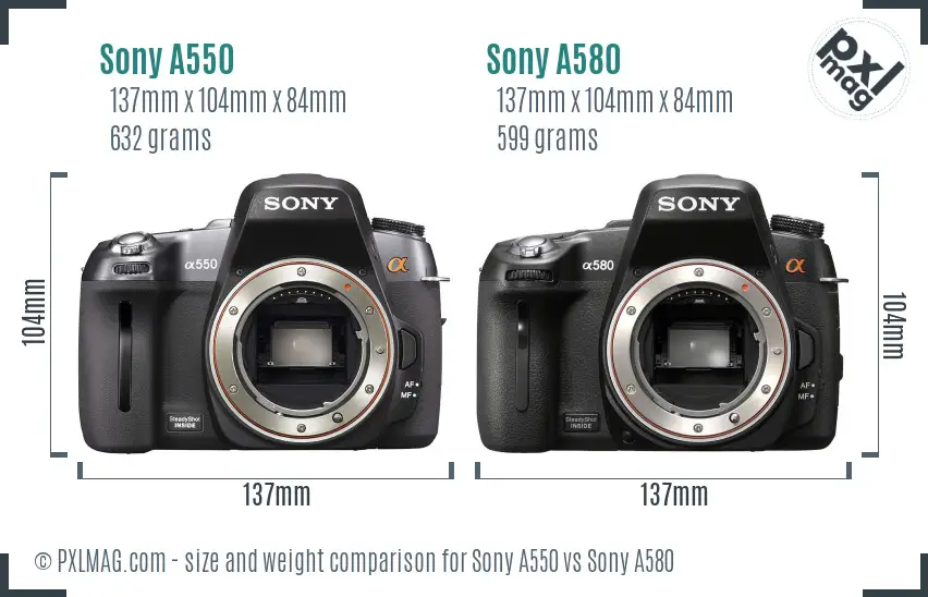 Sony A550 vs Sony A580 size comparison