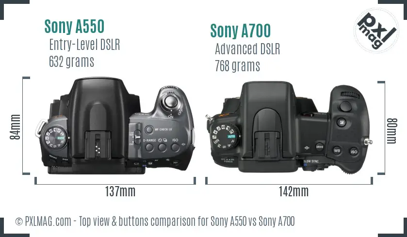 Sony A550 vs Sony A700 top view buttons comparison