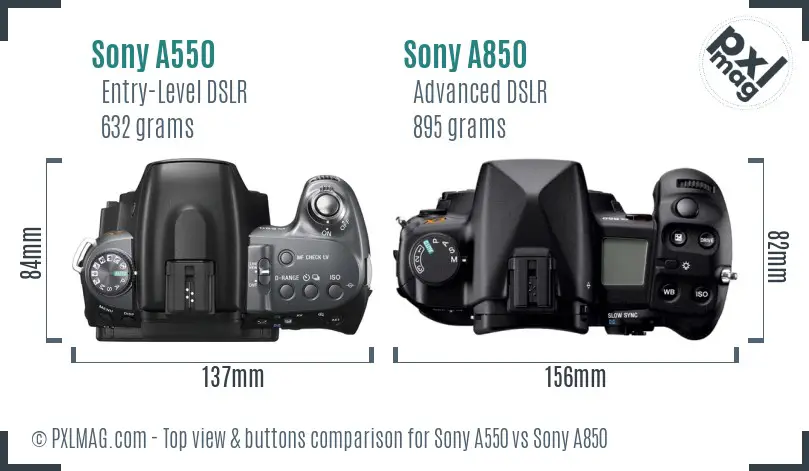 Sony A550 vs Sony A850 top view buttons comparison