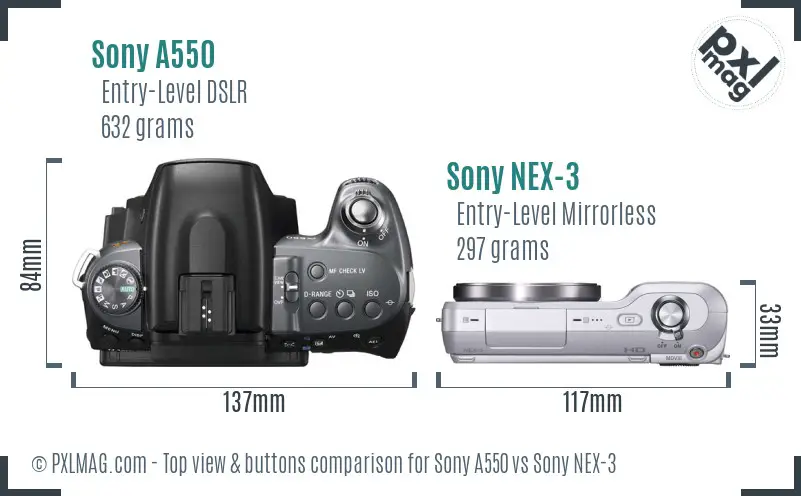 Sony A550 vs Sony NEX-3 top view buttons comparison