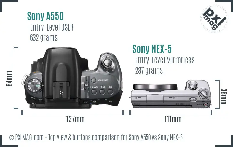 Sony A550 vs Sony NEX-5 top view buttons comparison