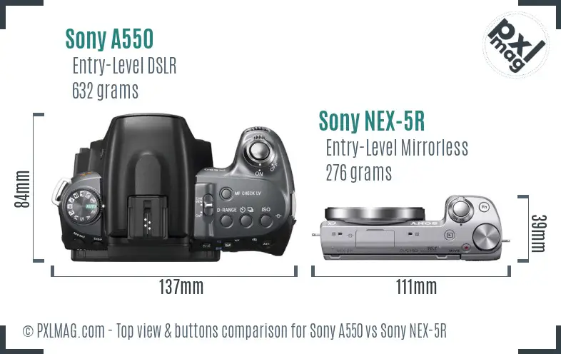 Sony A550 vs Sony NEX-5R top view buttons comparison