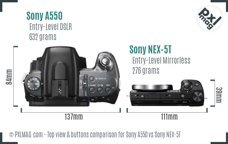 Sony A550 vs Sony NEX-5T top view buttons comparison
