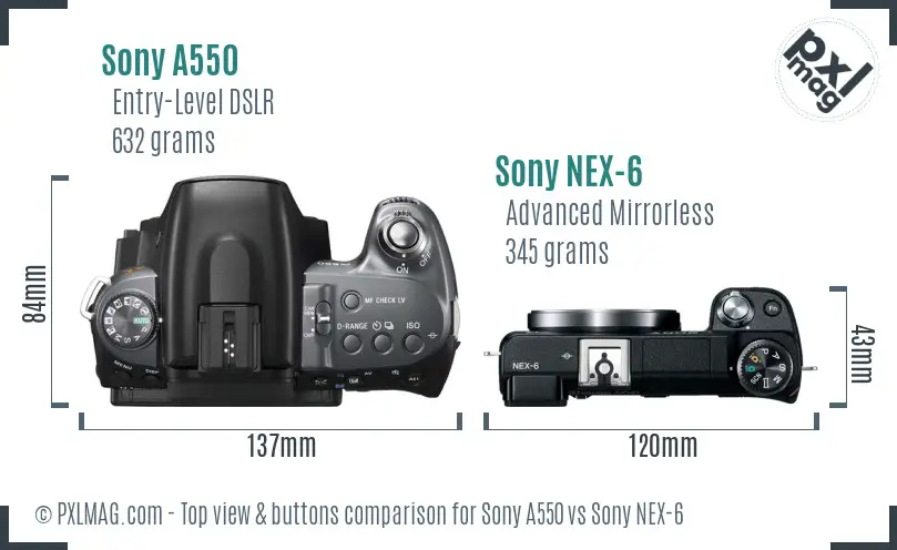 Sony A550 vs Sony NEX-6 top view buttons comparison