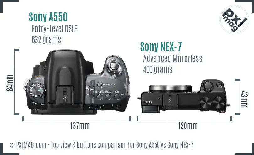 Sony A550 vs Sony NEX-7 top view buttons comparison