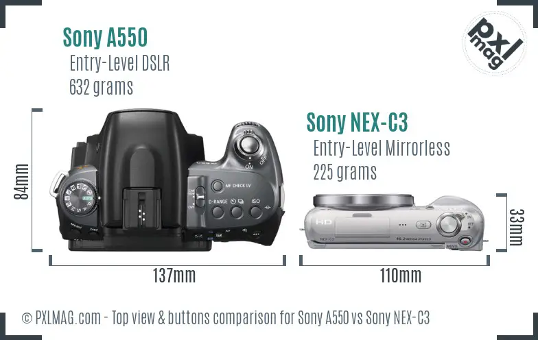 Sony A550 vs Sony NEX-C3 top view buttons comparison