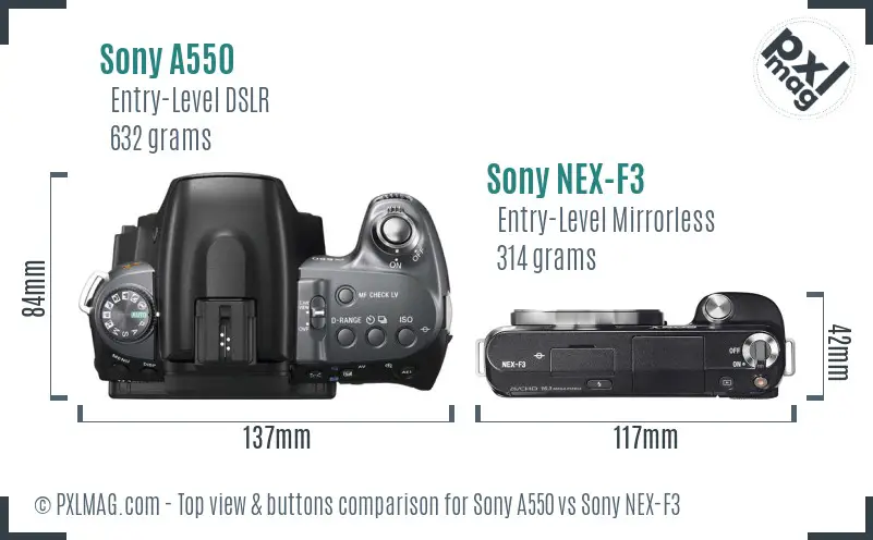 Sony A550 vs Sony NEX-F3 top view buttons comparison