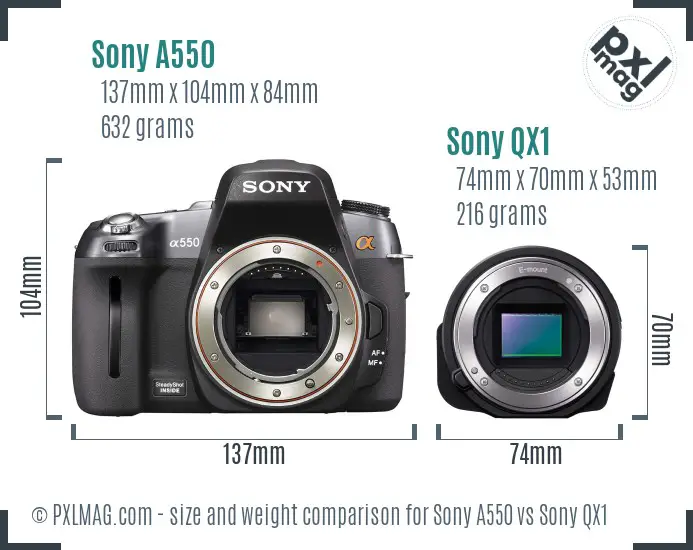 Sony A550 vs Sony QX1 size comparison