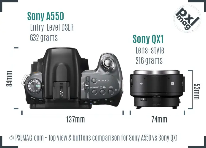 Sony A550 vs Sony QX1 top view buttons comparison