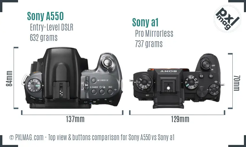 Sony A550 vs Sony a1 top view buttons comparison Sony A550 vs Sony a1 top view buttons comparison