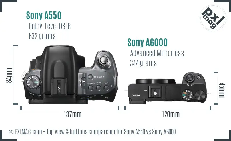 Sony A550 vs Sony A6000 top view buttons comparison Sony A550 vs Sony A6000 top view buttons comparison