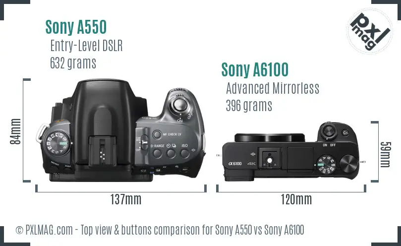 Sony A550 vs Sony A6100 top view buttons comparison