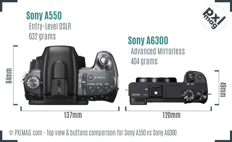 Sony A550 vs Sony A6300 top view buttons comparison