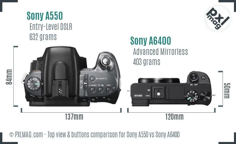 Sony A550 vs Sony A6400 top view buttons comparison
