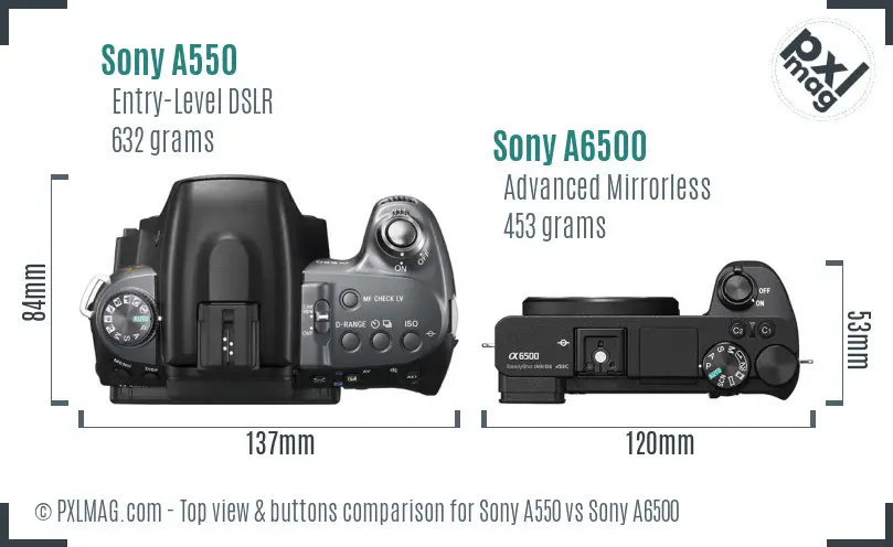 Sony A550 vs Sony A6500 top view buttons comparison