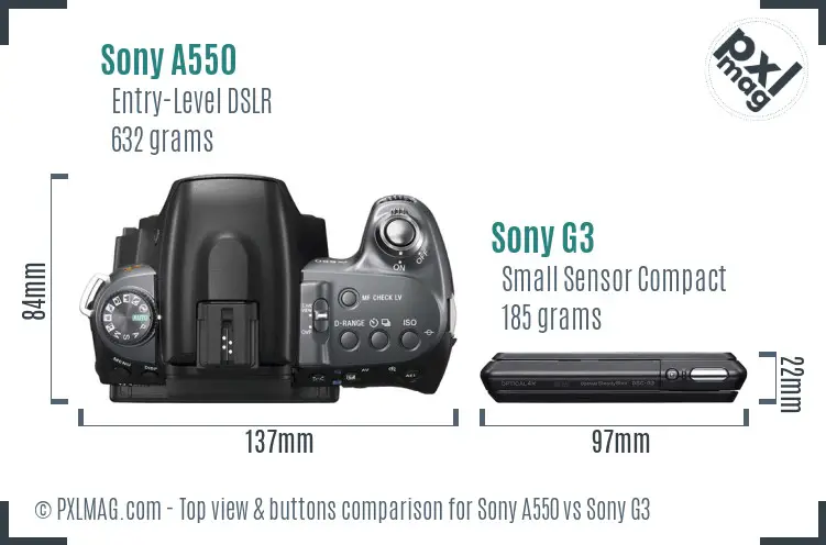 Sony A550 vs Sony G3 top view buttons comparison
