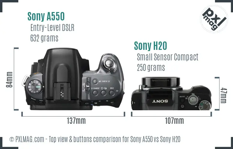 Sony A550 vs Sony H20 top view buttons comparison