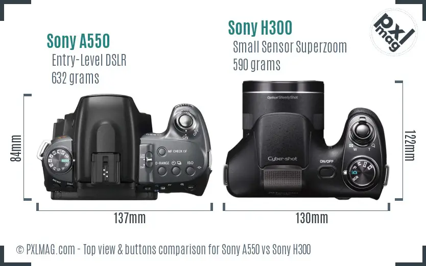 Sony A550 vs Sony H300 top view buttons comparison