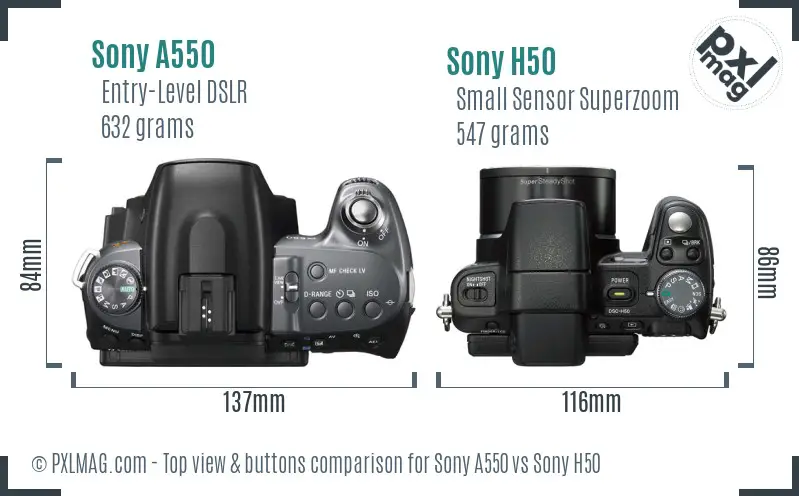 Sony A550 vs Sony H50 top view buttons comparison