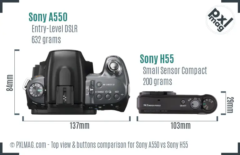 Sony A550 vs Sony H55 top view buttons comparison
