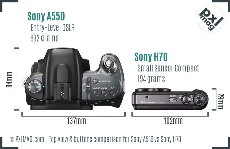 Sony A550 vs Sony H70 top view buttons comparison