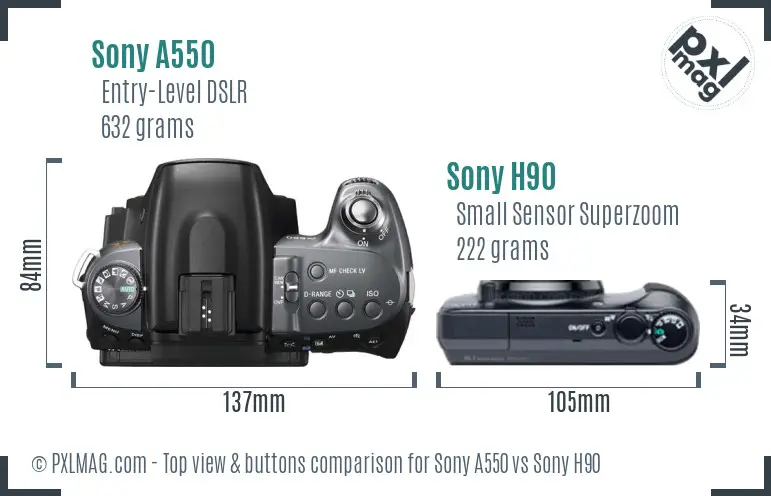 Sony A550 vs Sony H90 top view buttons comparison