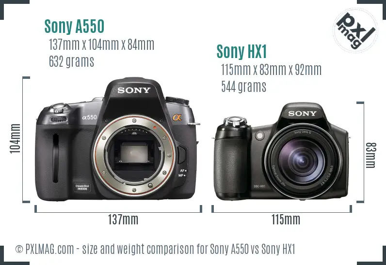 Sony A550 vs Sony HX1 size comparison