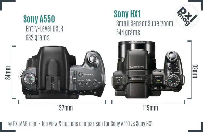 Sony A550 vs Sony HX1 top view buttons comparison
