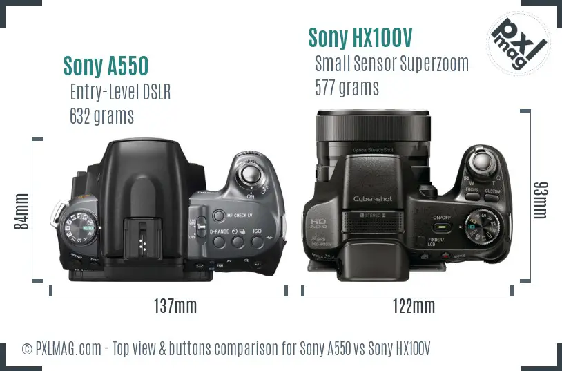 Sony A550 vs Sony HX100V top view buttons comparison
