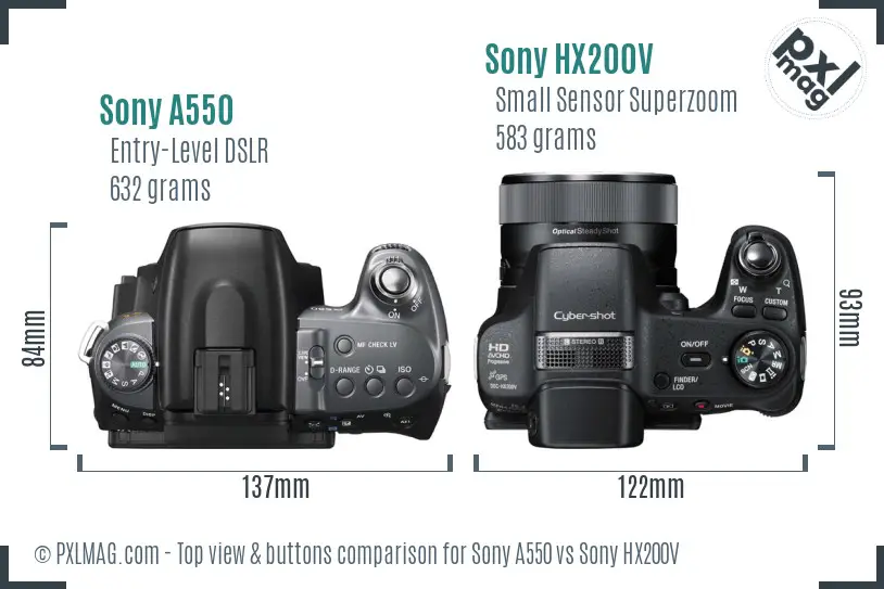 Sony A550 vs Sony HX200V top view buttons comparison
