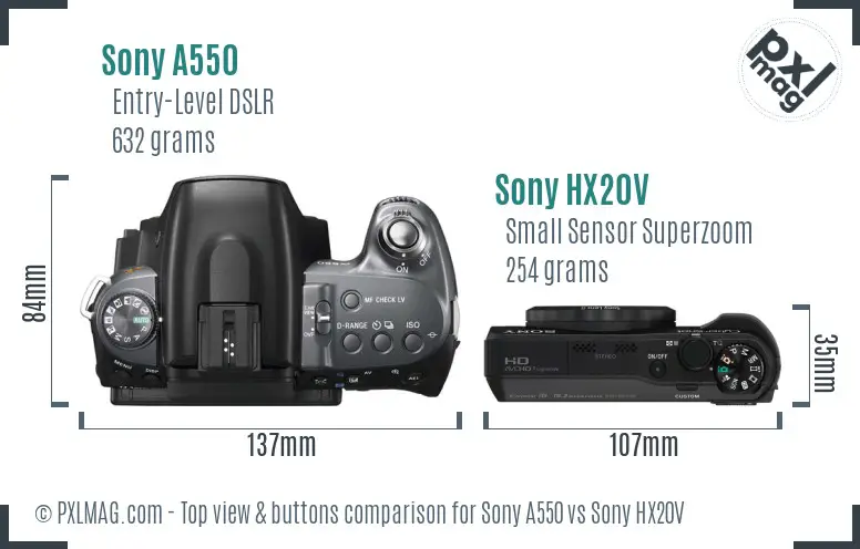 Sony A550 vs Sony HX20V top view buttons comparison