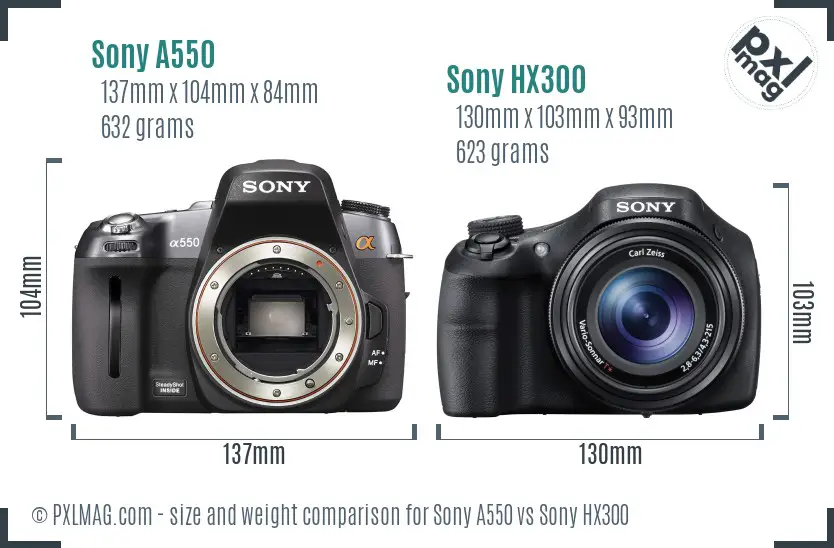 Sony A550 vs Sony HX300 size comparison