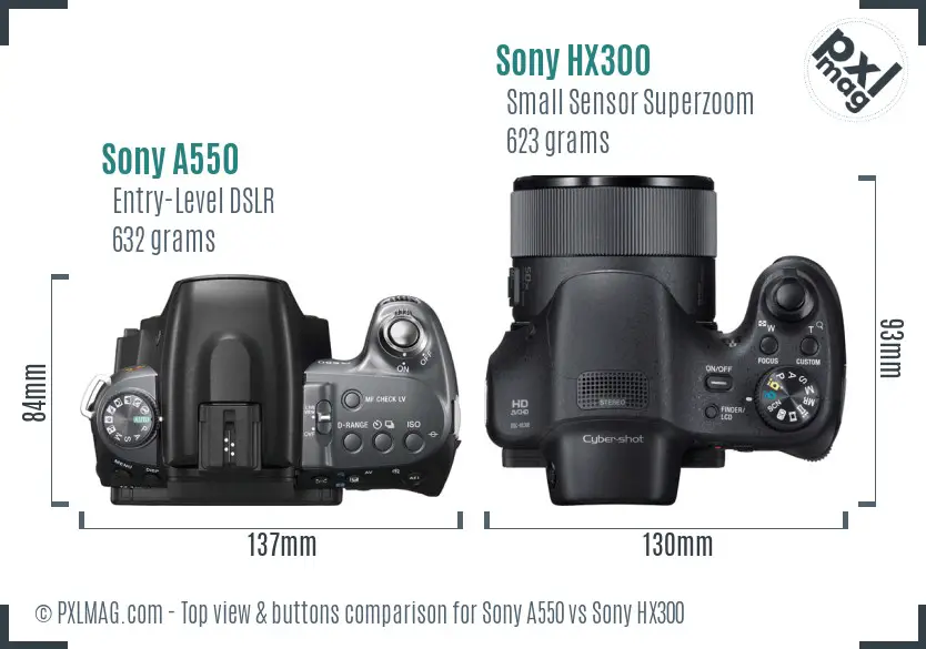 Sony A550 vs Sony HX300 top view buttons comparison