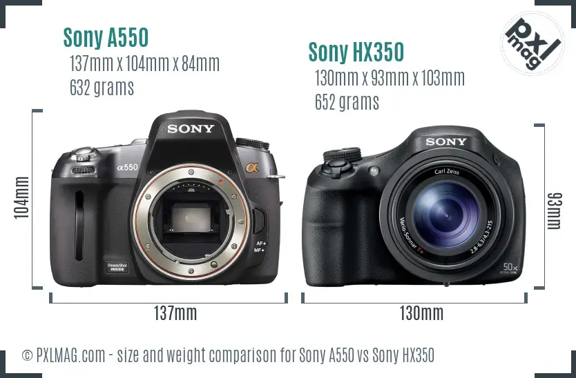 Sony A550 vs Sony HX350 size comparison