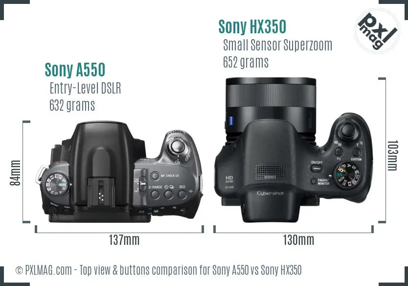 Sony A550 vs Sony HX350 top view buttons comparison