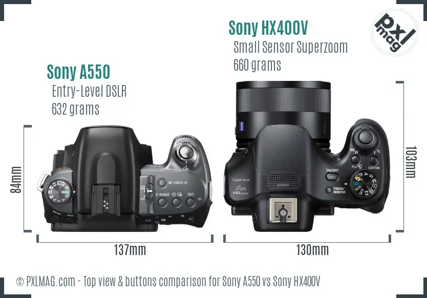 Sony A550 vs Sony HX400V top view buttons comparison