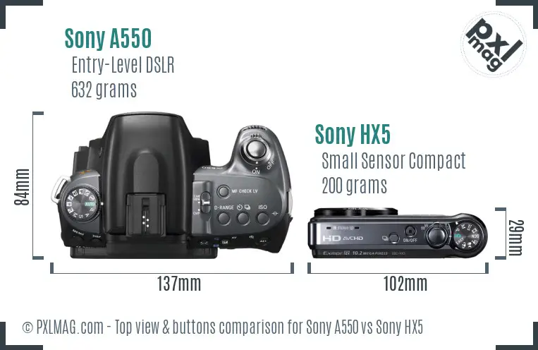 Sony A550 vs Sony HX5 top view buttons comparison