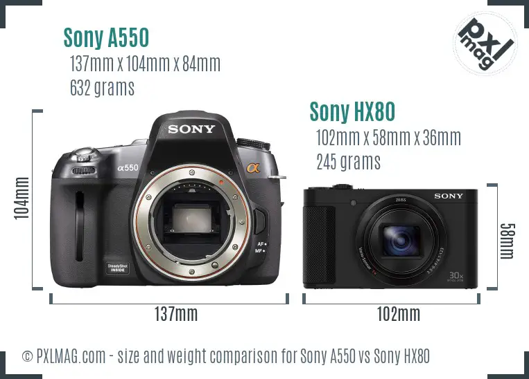 Sony A550 vs Sony HX80 size comparison